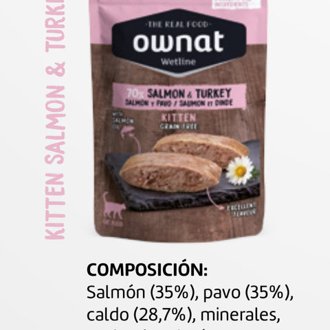 Ownat Comida Húmeda de Salmón y Pavo para Gatos Cachorros 85gr